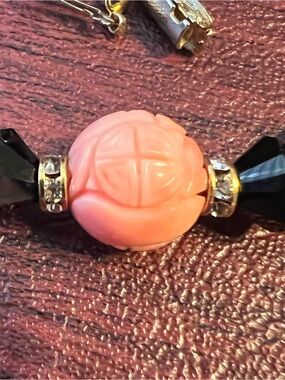 Vintage Style Statement Necklace Carved Peach Stone Black Beads Gold Tone Accent